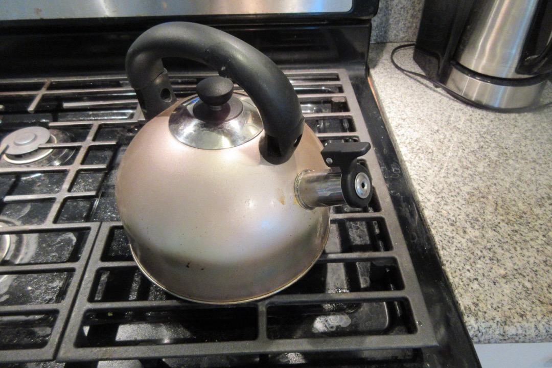 A stainless steel and glass French press coffee maker with the plunger pressed down, beside a filled mug